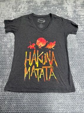 Disney Black V-Neck 'Hakuna Matata' Tee with Red, Orange, Yellow Graphic